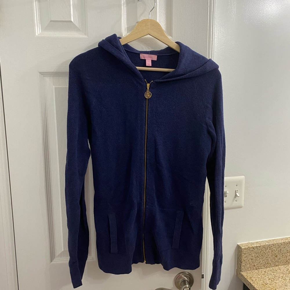 Lilly Pulitzer True Navy Hooded Cardigan L EUC